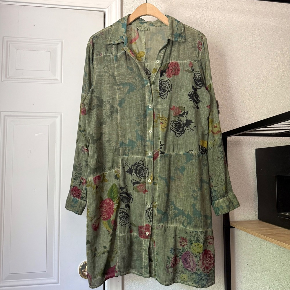 VINTAGE GOA green semi sheer patchwork lagenlook floral long sleeve button up